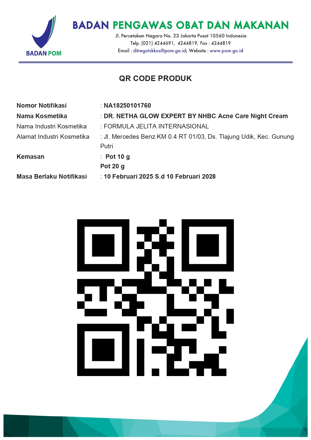 Nomor BPOM Acne Care Night Cream